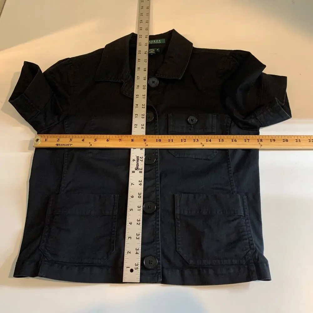 Lauren Ralph Lauren Shirt Womens M Medium Black Puff Sleeve Notch Cropped Top
